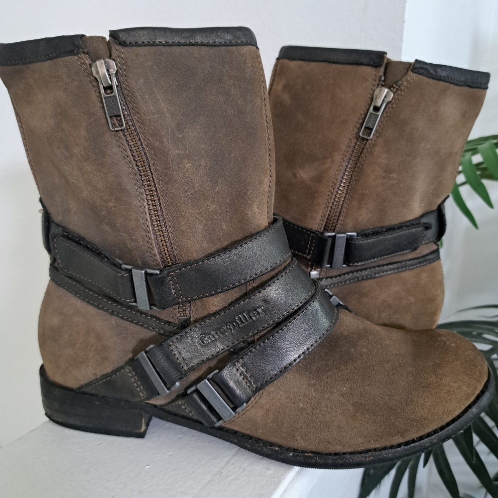 CAT Caterpillar Brown Leather Mid Calf Moto Boots Buckles Biker Harness Womens 8